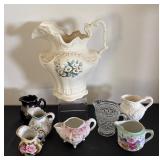 Collection of 7 Vintage Decorative Pitchers including Large Floral Ceramic Piece
