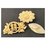 Collection of 3 Vintage Carved Bone and Shell Brooches