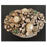 Florenza Vintage Ornate Flower Trinket Box with Faux Pearls and Green Stones