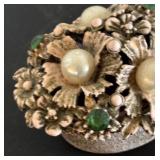 Florenza Vintage Ornate Flower Trinket Box with Faux Pearls and Green Stones