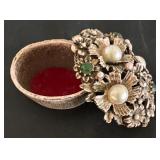 Florenza Vintage Ornate Flower Trinket Box with Faux Pearls and Green Stones