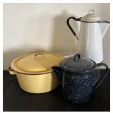 Lot of 3 Vintage Enamel Ware Pieces - Coffee Pot, Stock Pot, and Blue Speckled Pitcher
