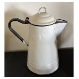 Lot of 3 Vintage Enamel Ware Pieces - Coffee Pot, Stock Pot, and Blue Speckled Pitcher