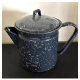 Lot of 3 Vintage Enamel Ware Pieces - Coffee Pot, Stock Pot, and Blue Speckled Pitcher