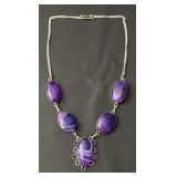 Sterling Silver Necklace with Purple Banded Stones