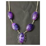 Sterling Silver Necklace with Purple Banded Stones
