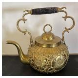 Vintage Embossed Brass Teapot with Ornate Handle