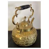 Vintage Embossed Brass Teapot with Ornate Handle