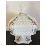 Consolidated Glass Milk Glass Candy Dish with Lid and Hand-Painted Floral Design