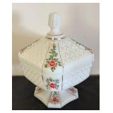 Consolidated Glass Milk Glass Candy Dish with Lid and Hand-Painted Floral Design