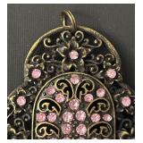 Vintage Ornate Pendant with Pink Rhinestones