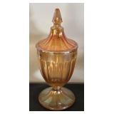 Vintage Jeanette Iridescent Marigold Glass Lidded Candy Dish