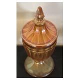 Vintage Jeanette Iridescent Marigold Glass Lidded Candy Dish