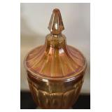 Vintage Jeanette Iridescent Marigold Glass Lidded Candy Dish