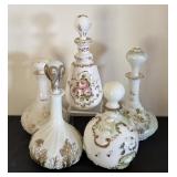 Set of 5 Vintage Victorian Painted Glass Decanters