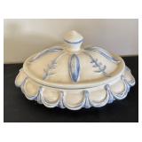 Vintage Ceramic Covered Dish with Blue Accents and Insert