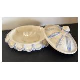 Vintage Ceramic Covered Dish with Blue Accents and Insert