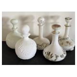 Set of 5 Vintage Victorian Milk Glass Decanters / Dresser Bottles