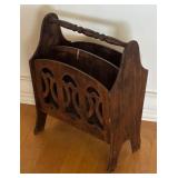 Wooden Magazine Rack with Carved Design and Handle