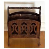 Wooden Magazine Rack with Carved Design and Handle