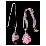 Set of 2 Egg Pendant Necklaces with Sterling Silver and Ribbon Chains