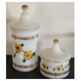 Pair of Swedish Milk Glass Lidded Jars with Floral Design and Gold Accents