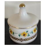 Pair of Swedish Milk Glass Lidded Jars with Floral Design and Gold Accents