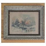 Framed Winter Landscape Print with Ornate Vintage Frame