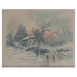 Framed Winter Landscape Print with Ornate Vintage Frame