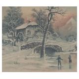Framed Winter Landscape Print with Ornate Vintage Frame