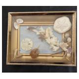 Seaside Decor Collection with Framed Shell Art, Otagiri Vase, Wood Fish Sculptures, and Nautilus Shell