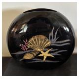 Seaside Decor Collection with Framed Shell Art, Otagiri Vase, Wood Fish Sculptures, and Nautilus Shell