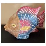 Seaside Decor Collection with Framed Shell Art, Otagiri Vase, Wood Fish Sculptures, and Nautilus Shell