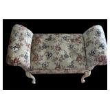 Upholstered Floral Bench with Rolled Arms and White Legs