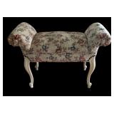 Upholstered Floral Bench with Rolled Arms and White Legs