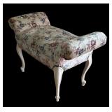 Upholstered Floral Bench with Rolled Arms and White Legs