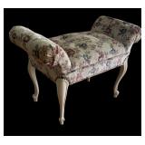Upholstered Floral Bench with Rolled Arms and White Legs