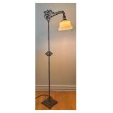 Vintage Cast Metal Floor Lamp with Ornate Accent and Glass Shade
