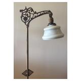 Vintage Cast Metal Floor Lamp with Ornate Accent and Glass Shade