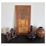 Vintage Wood Art Picture with Wooden Decanter, Vase, and Bird Houses
