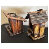 Vintage Wood Art Picture with Wooden Decanter, Vase, and Bird Houses