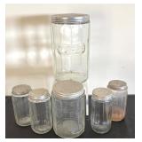 Set of 5 Vintage Glass Kitchen Jars with Metal Lids