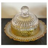 Vintage Glass Butter or Cheese Covered Dish with Amber Trim