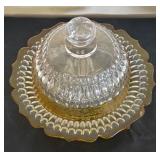 Vintage Glass Butter or Cheese Covered Dish with Amber Trim