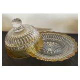 Vintage Glass Butter or Cheese Covered Dish with Amber Trim