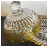 Vintage Glass Butter or Cheese Covered Dish with Amber Trim