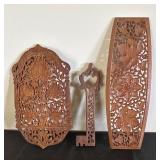 Set of 3 Hand-Carved Wooden Wall Plaques and Key Decor