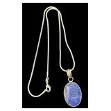Sterling Silver Necklace with Oval Blue Stone Pendant
