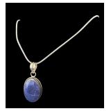 Sterling Silver Necklace with Oval Blue Stone Pendant