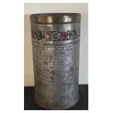 Vintage Hammered Metal Umbrella Stand with Embossed Floral Band